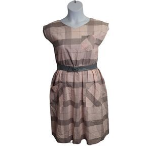 VINTAGE‎ 70s pink and gray plaid belted barbiecore button back dress S
